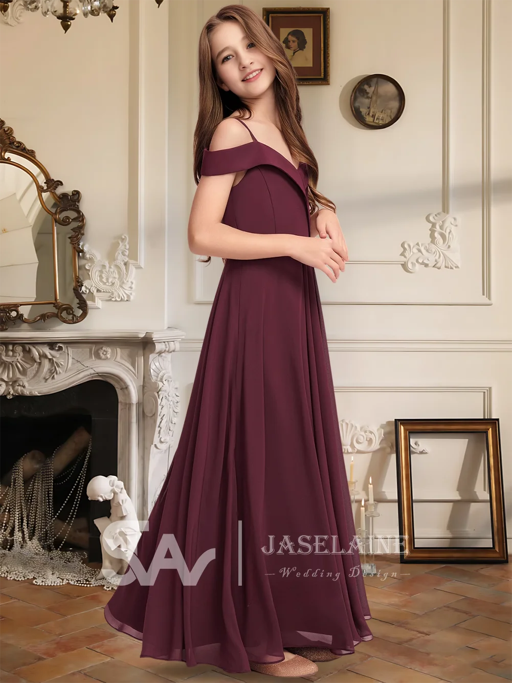 Элегантное шифоновое платье трапециевидной формы с открытыми плечами длиной до пола, платье для подружек невесты, платье с цветочным узором для девочек, вечерние, свадебные, торжественные okazje