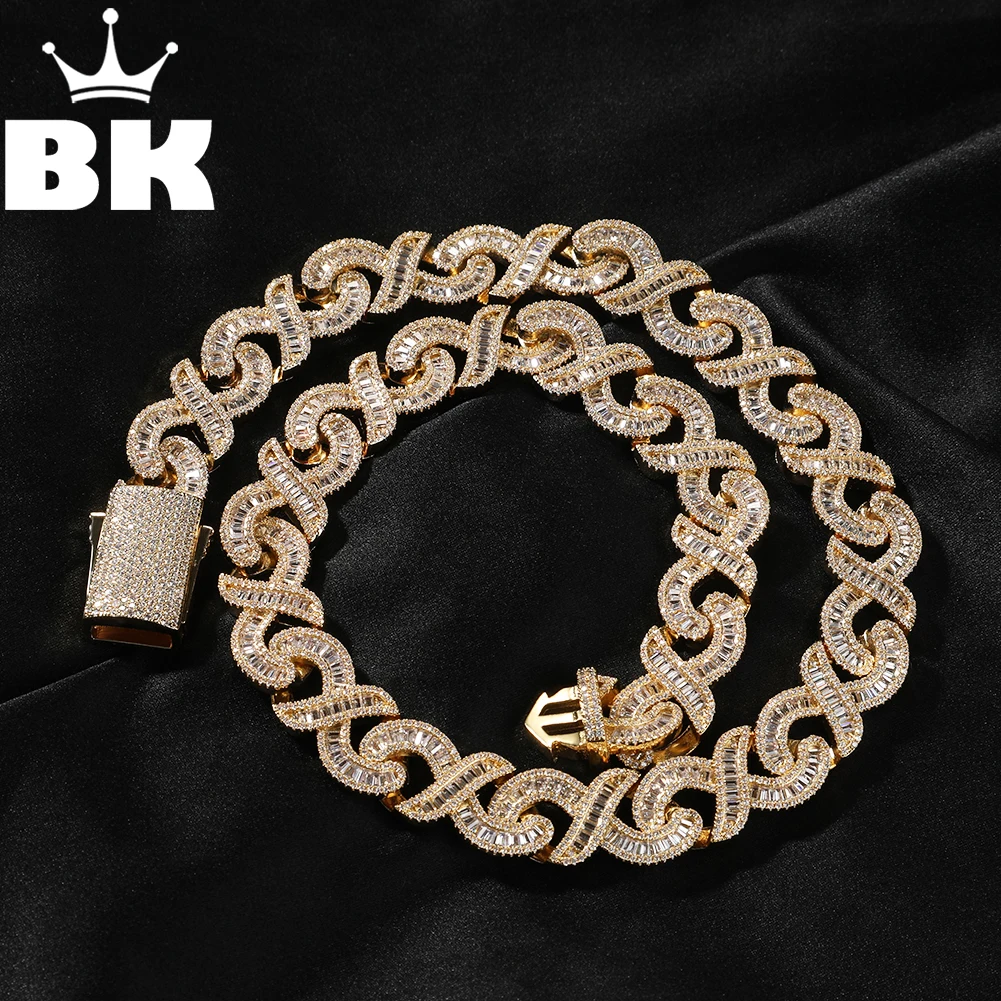 

THE BLING KING 15mm Infinity Link Necklace For Men Iced Out Baguette CZ X Shaped Chain Solid Metal Choker Punk Hip Hop Jewelry