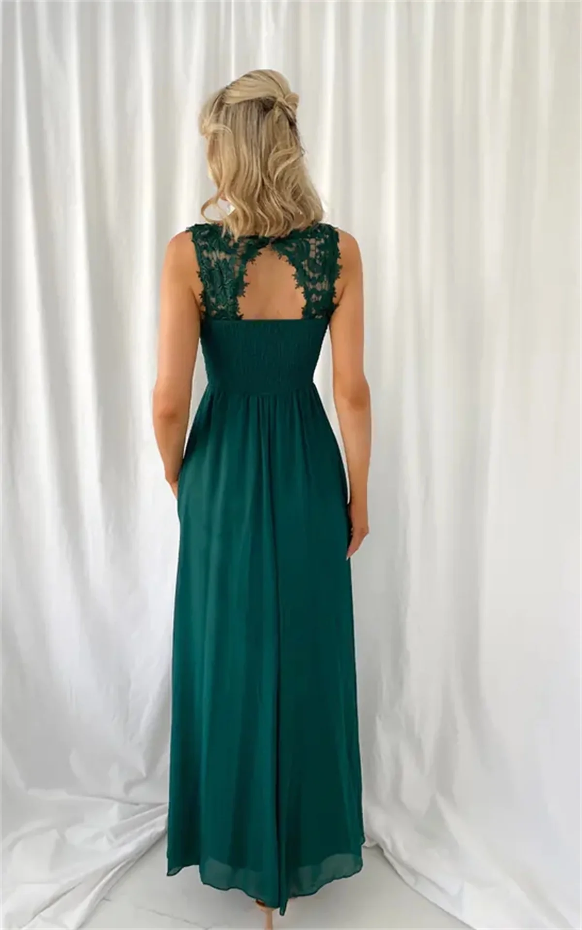 New Green Elegant Lace Evening Dress For Women Deep V-Neck Sleeveless Tulle Draped Long Prom Gown Chiffon Fabric Custom Color