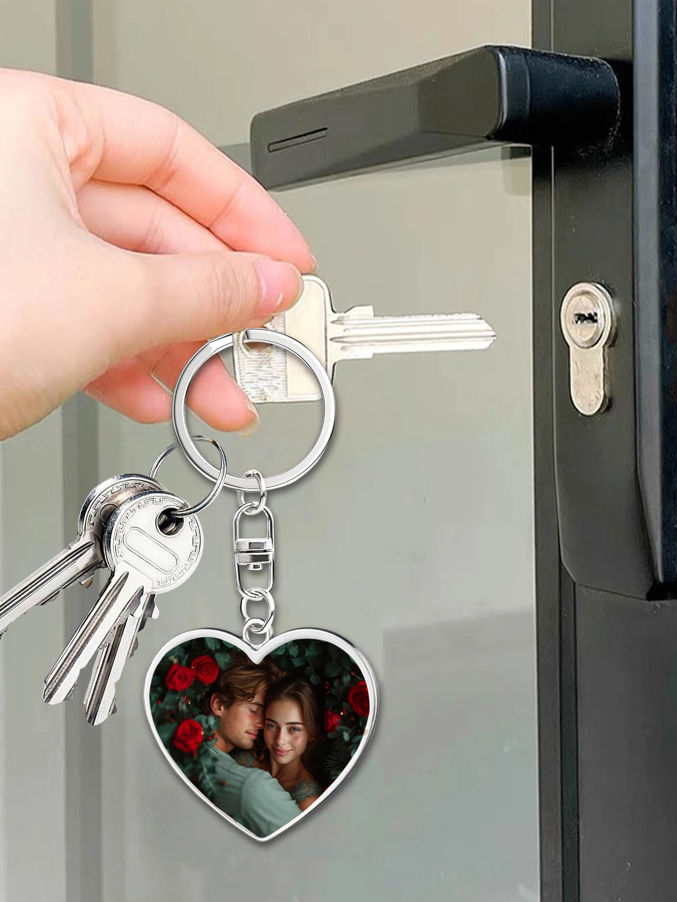 Personalisierter Doppelseitiger Foto-Herz-Schlüsselanhänger, Individuelle Schlüsselanhänger mit Bild, Maßgefertigte Edelstahl-Schlüsselketten – Detail 4