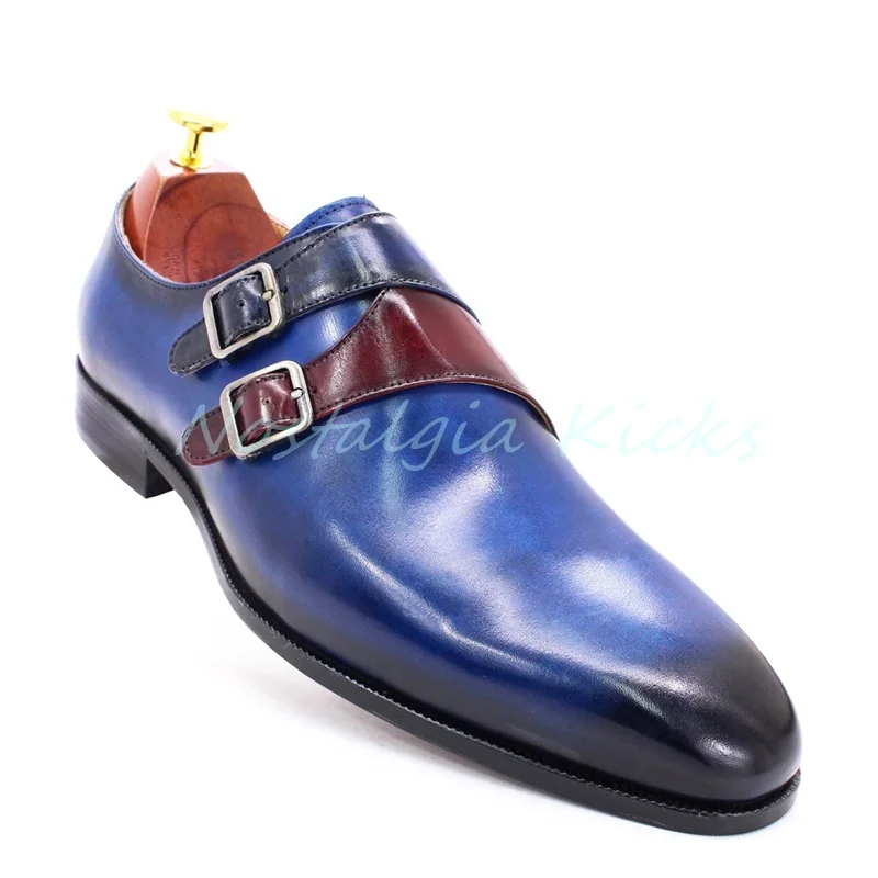 Luxury Blue Patent Leather Double Buckle Oxford Shoes Men's Monk Pointed Toe Dress Shoes Vintage Wear-Resistant Office Shoes