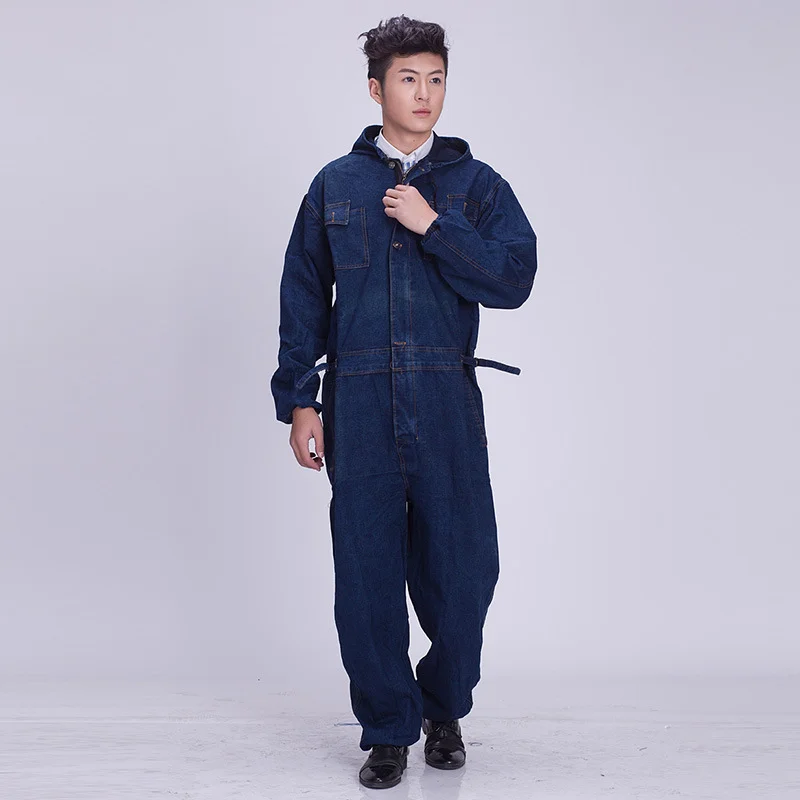 One-Piece Denim Overalls Hooded Protective Dust-Proof Clothing Wear-Resistant Welding Anti-Scalding Labor Insurance Clothing