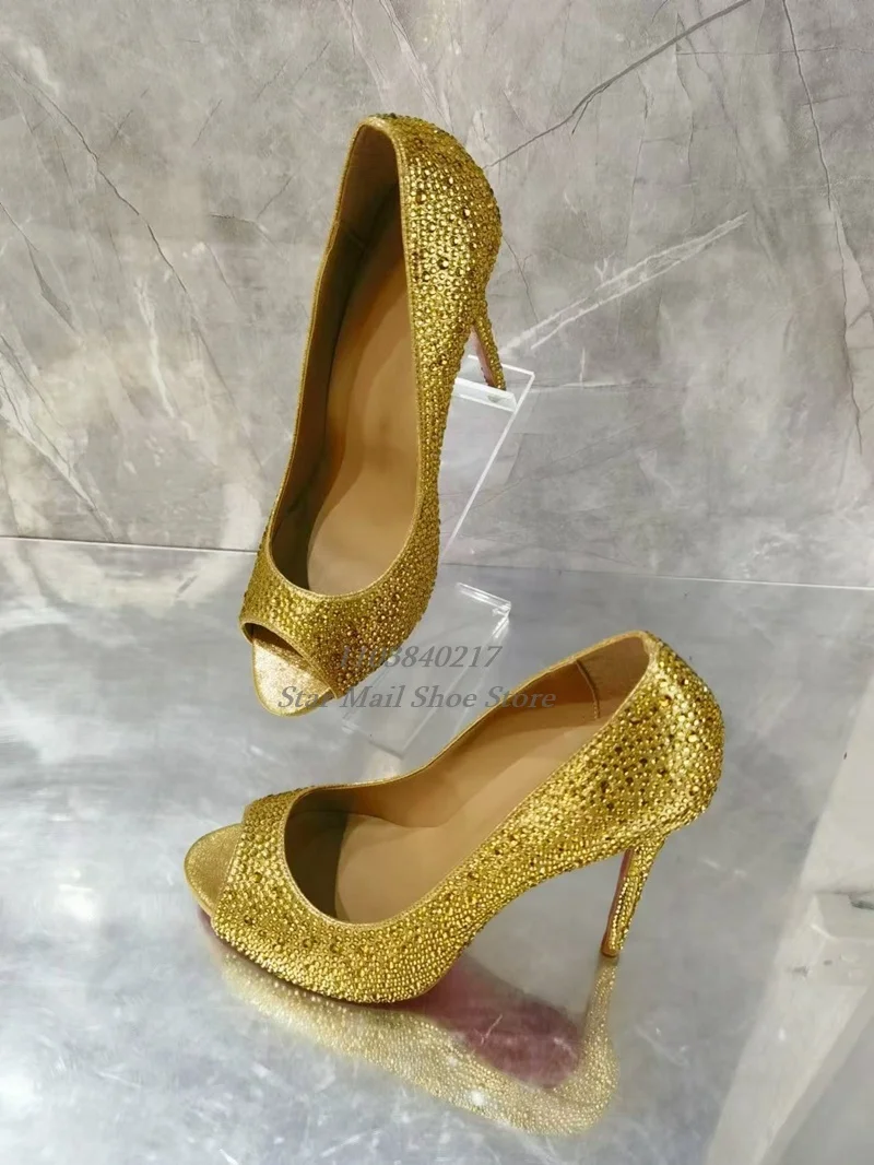 Peep Toe Yellow Rhinestones Stiletto Thin Heels Crystal Decoration Leather Mules Concise Sequins Spring and Autumn Wedding Shoes