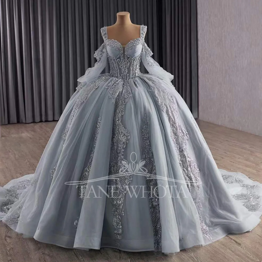 

Vestidos De 15 лет Quinceañeras 2025 Милое кружевное длинное серебряное платье принцессы Quinceanera с аппликацией в форме сердца