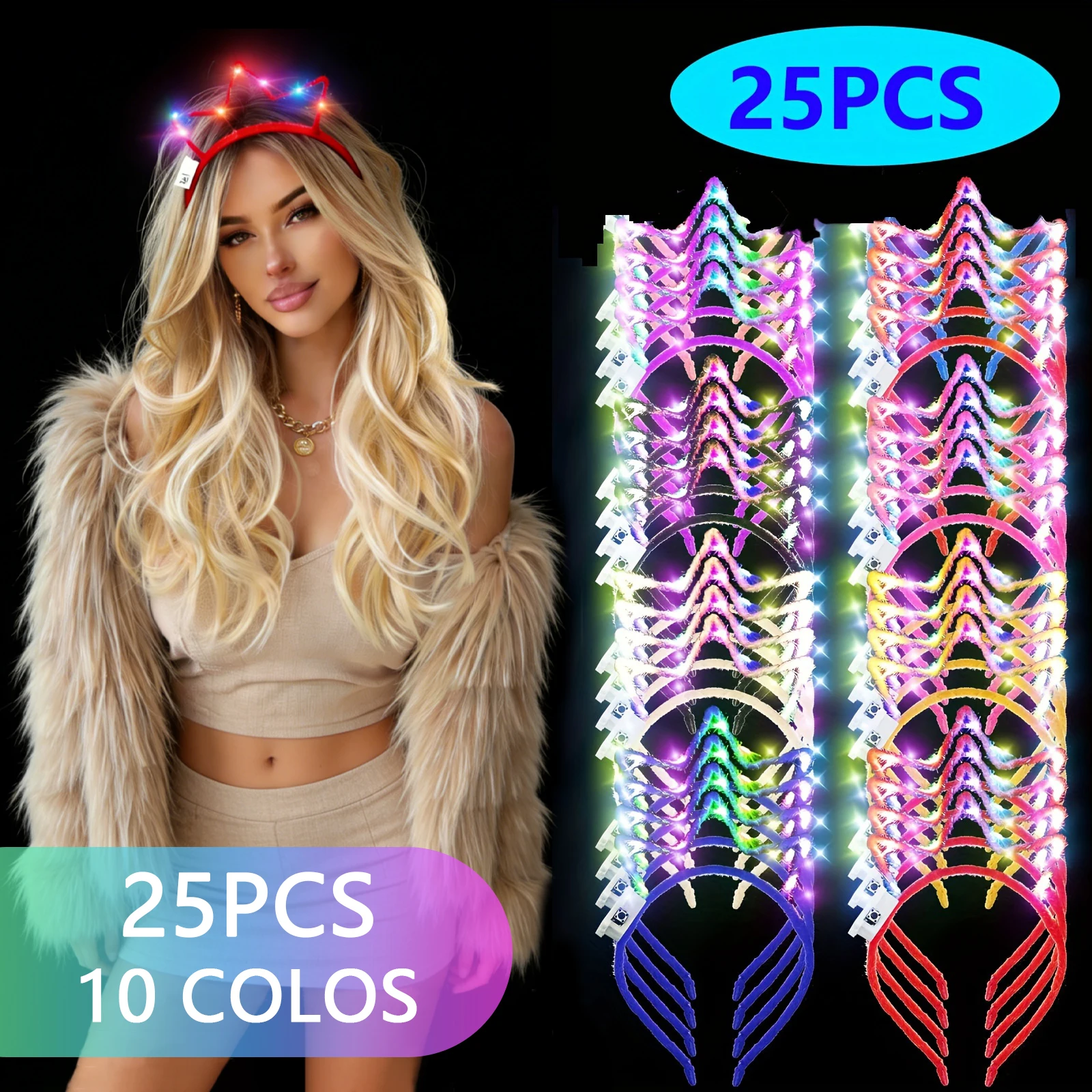 

24PCS LED Crown Headbands with 3 flashing mode buttons to switch between illuminated headbands, suitable for parties, concerts,