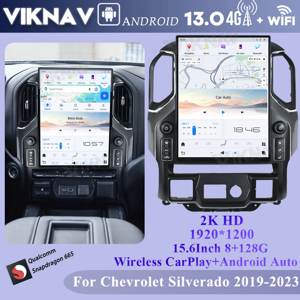 Viknav Upgrade Android 15.6 Inch Car Radio For Chevrolet Silverado GMC Sierra 2019-2023 Carplay GPS Navigation Multimedia Player