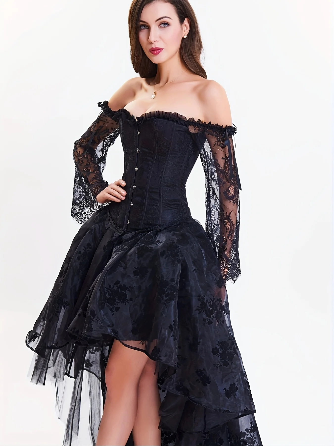 Cloudy.Lee Gothic Victorian Style Long Sleeve Lace Bodysuit Skirt Set Women's Halloween Witch Costume Tight Fit Top Front Short