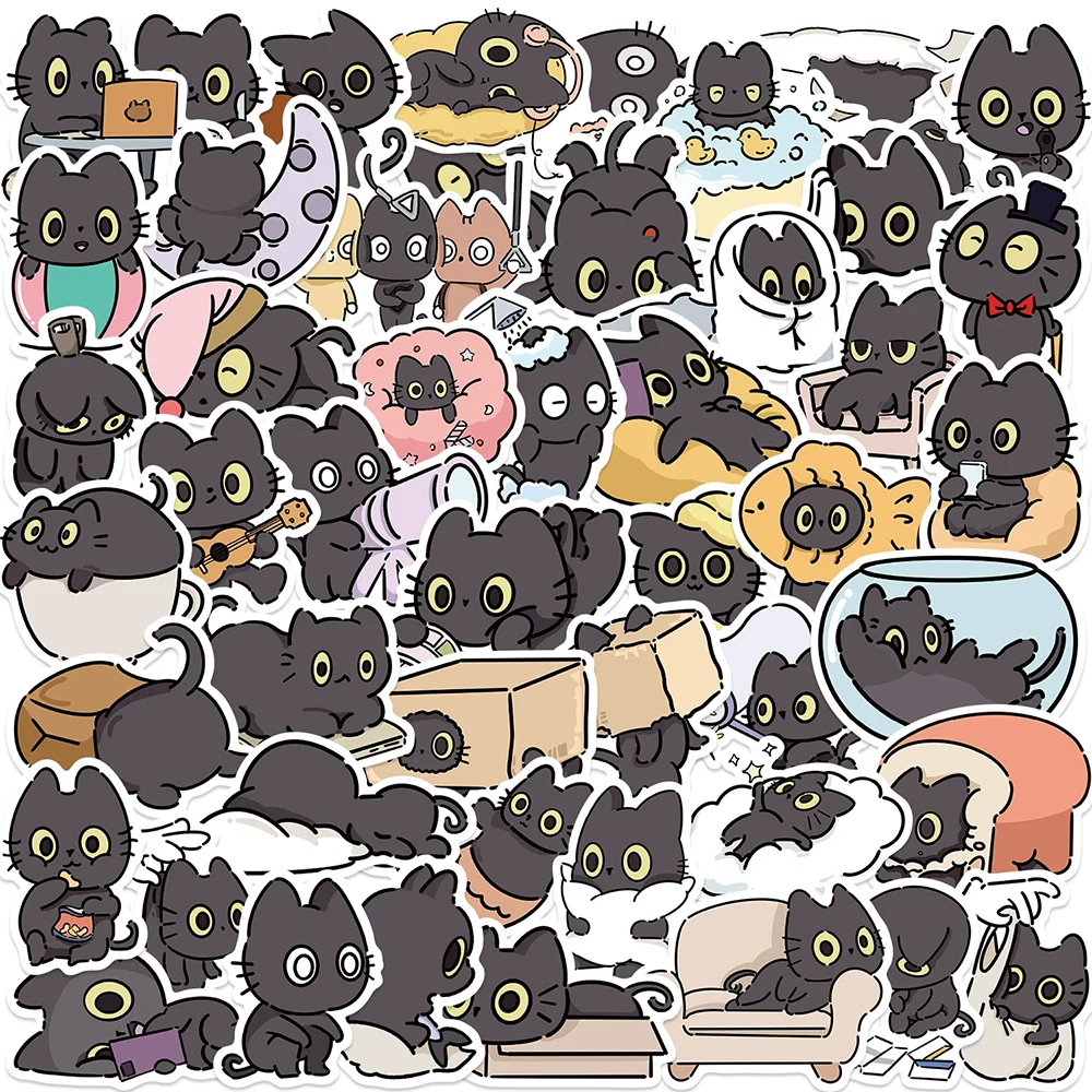 10/30/50PCS Cartoon Naughty Little Black Cat Graffiti Sticker PVC Material DIY Laptop Mobile Phone Scrapbook Waterproof Sticker.