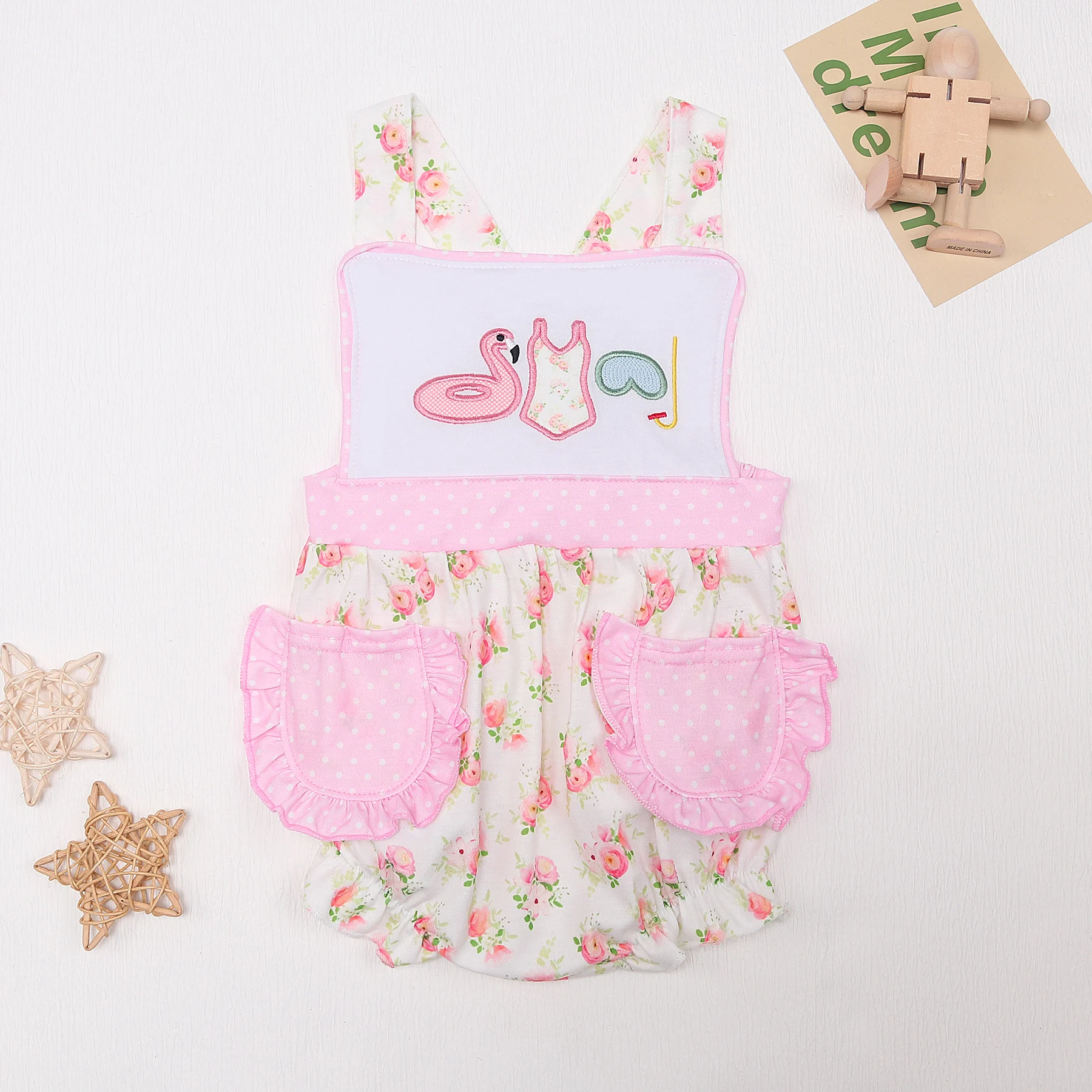 

2023 New Born 0-3T Bubble Spots Pocket Romper Babi Girls Clothes Duck Embroidered Bodysuit Pink Floral Shorts Sleeve One Piece