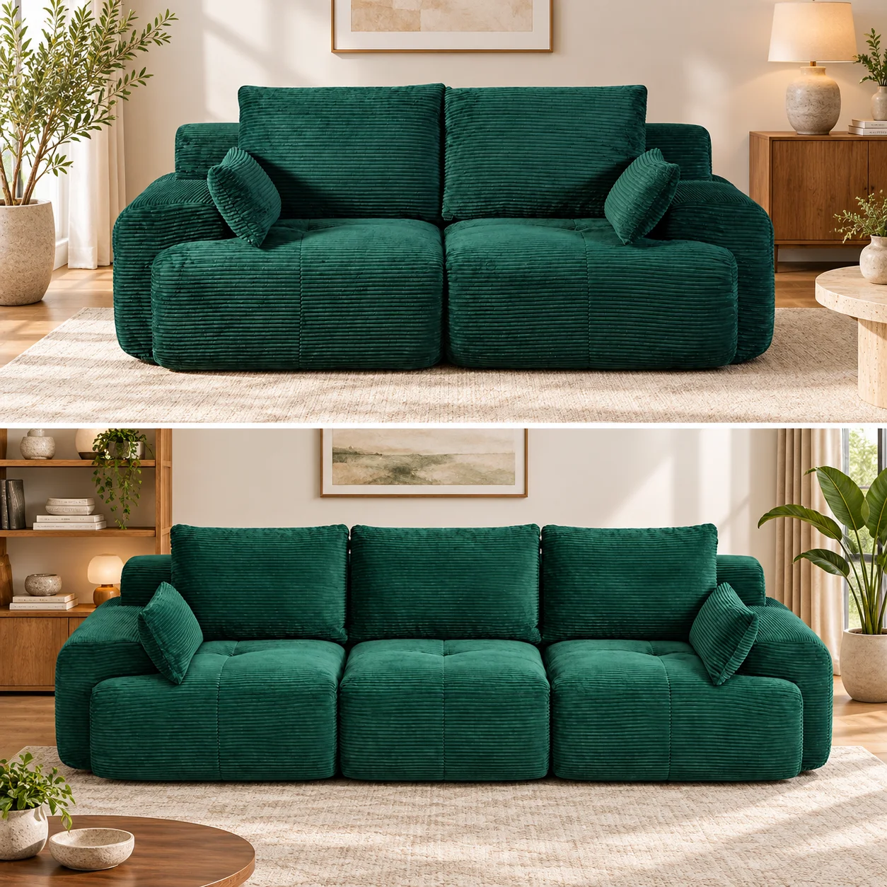 Cord Sofa Grün Modular, 2-Sitzer 3-Sitzer mit optionalem Hocker, Schlafsofa Couch mit Memory Foam, montagefreies Loungesofa für Wohnzimmer & Schlafzimmer