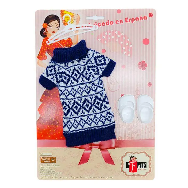 Dress, Hanger and shoes for dolls type Sintra, Simona or classic 42 cm. Made in Spain by Folk crafts. Doll not included.