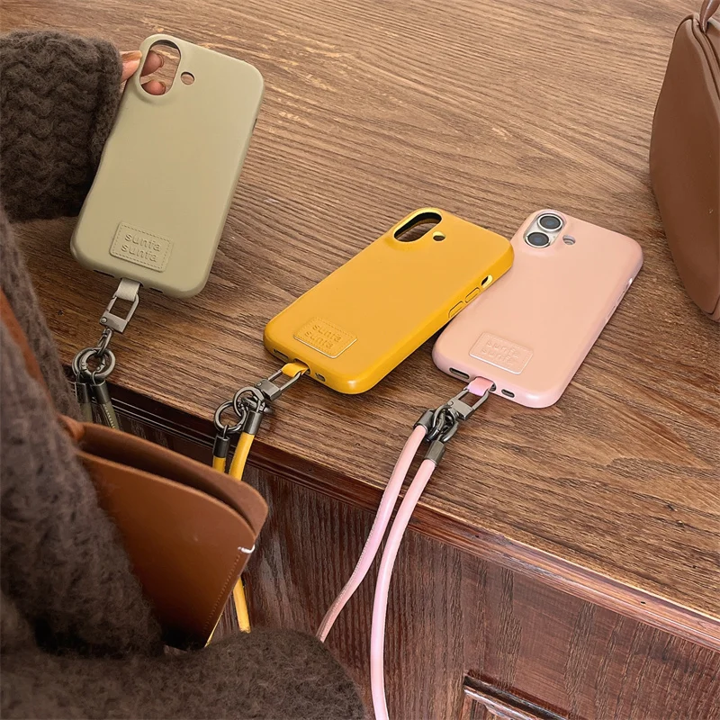 

Leather Phone Case with Lanyard Strap for Apple Cute Cover for iPhone 16 Pro 15 12 13 14 Pro Max 15Pro Max Funda