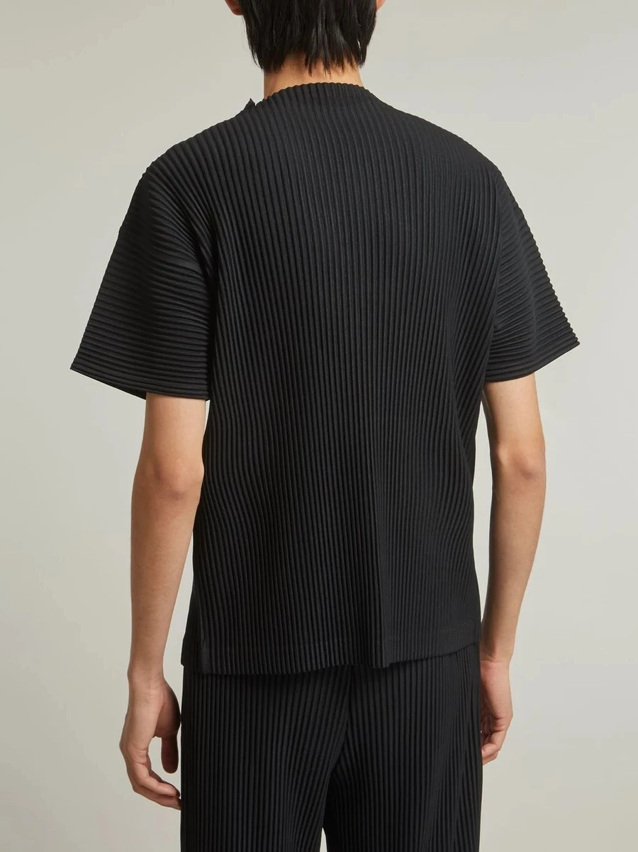 Miyake Japanese Pleated Mock Neck T Shirt Men New Short Sleeve Casual Top
