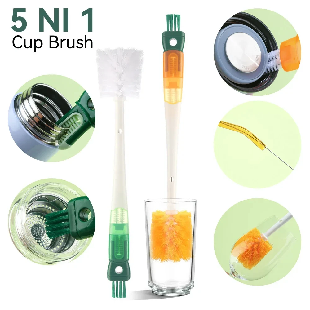 5 In 1 Water Bottle Cleaning Brush Bottle Gap Cleaner Long HandleMug Cup Washing Brush Kitchen Cleaning Tool Kitchen Accessories