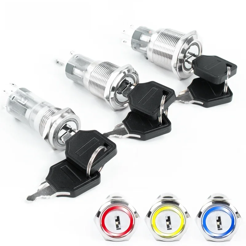 16/19/22mm avec clé interrupteur à bouton-poussoir rotatif en métal 2/3 positions autobloquant auto-réinitialisation type de retenue LED NO/NC ON OFF 5 couleurs