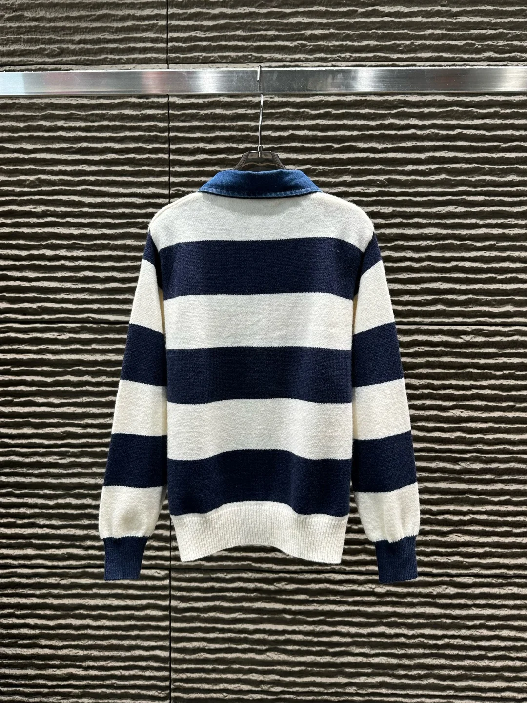 

Women's Navy & White Striped Knit Top - Denim Polo Collar Button Detail Emblem Decor Long Sleeve Casual Sweater