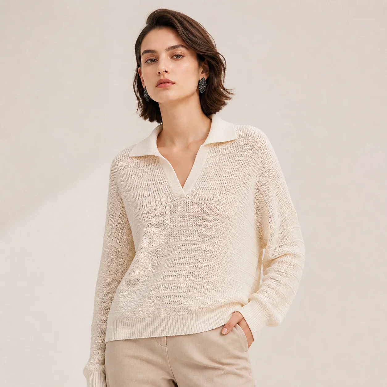 Women's V-Neck Cotton Sweater Autumn Winter Loose Fit