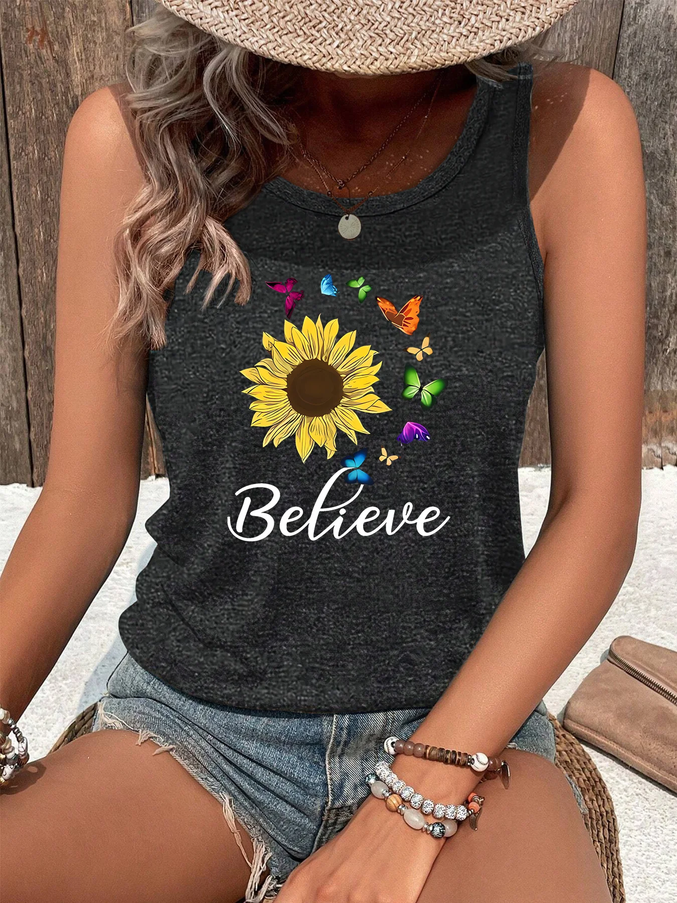 Believe Belief Sunflower Butterfly Summer Fashion Funny Sports Women's Tank Top Loose O Neck Sleeveless Casual Tank Top