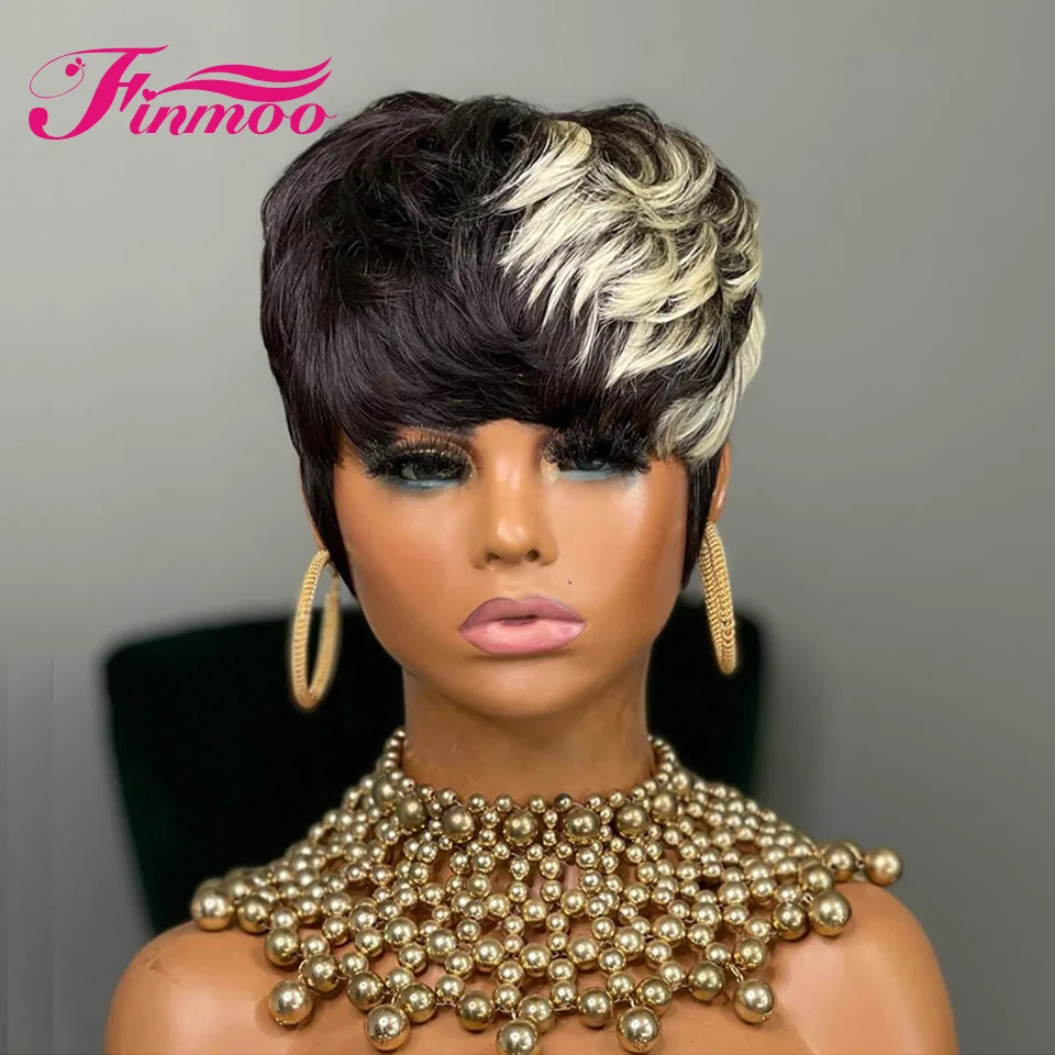 

Pixie Cut Wig Human Hair Wig Ready To Ship Wear Pixie Wig Full Machine Made Wig Body Wave Human Hair Wigs For Women With Bang