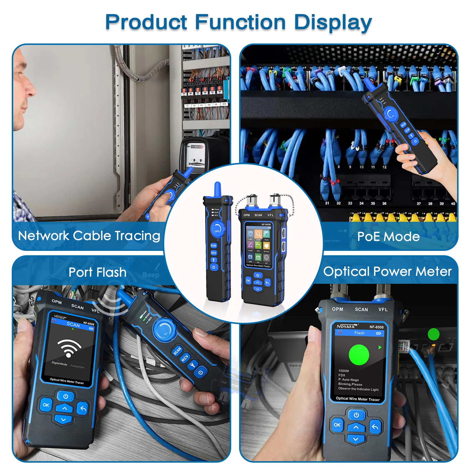 Imagem -05 - Noyafa-rede Cabo Tester Optical Wire Meter Tracer Digital Recarregável Line Finder Poe Checker Lcd Nf8508