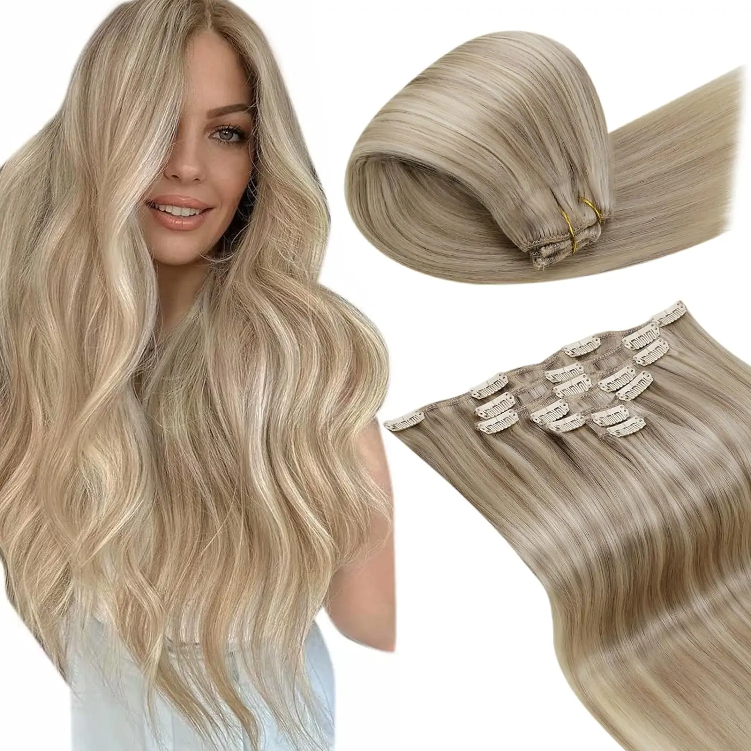 

LaaVoo Clip in Hair Extensions For Women 12-22inch 7Pcs Highlight Blonde 100% Real Brazilian Hair Extensions Clip in 80G&105G