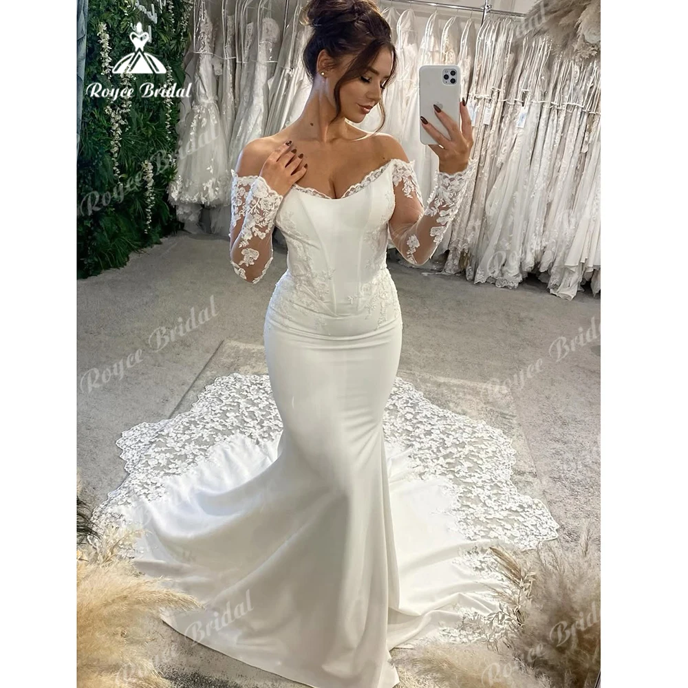 

Roycebridal Strapless Satin Mermaid Wedding Dress 2026 Lace Appliques Bridal Gowns Long Sleeve Illusion Wedding Gowns Customized
