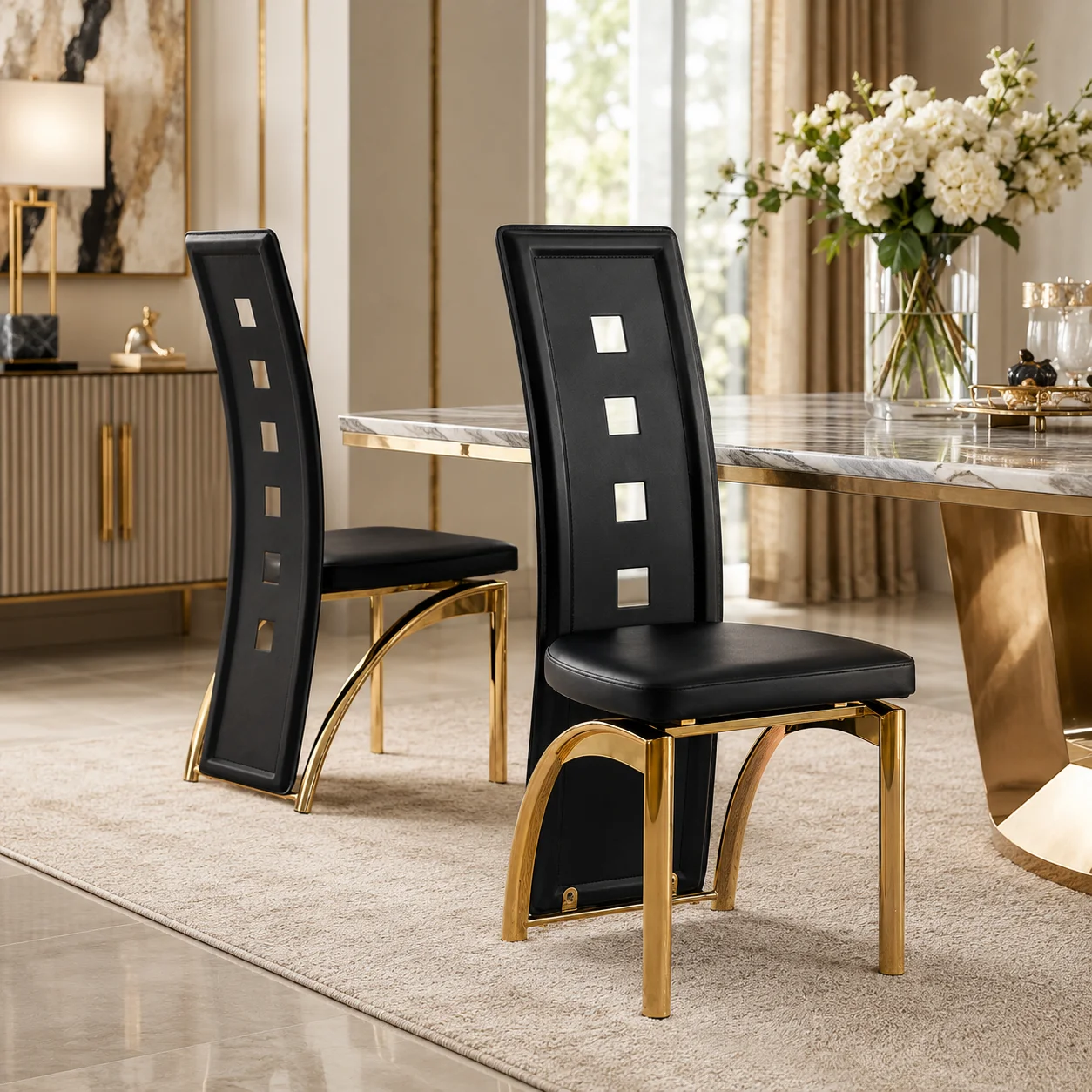 2er Set Esszimmerstühle mit Lochmuster, schwarzem PU Leder und goldfarbenen Metallbeinen, Lochrückenlehne, Höhe 102,5 cm, gepolstert für Esszimmer, Wohnzimmer, Büro, pflegeleicht, stabil bis 120 kg,