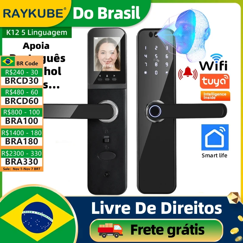 Do Brasil RAYKUBE With lithium Rechargeable Batteries Tuya WiFi Camera Electronic Lock 3D Face Fingerprint Smart Door Lock