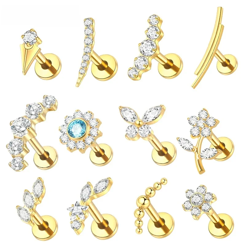 1PC Titanium Oorkraakbeen Piercings Platte Achterkant Stud Oorbel Interne Draad Vlinder Kruis CZ Helix Tragus Piercing Sieraden 16G - afbeelding 2