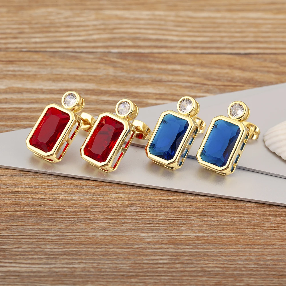 Nidin New Retro Rectangle Shape Inlaid Zircon Stud Earrings For Women Girl Wedding Party Classic Ear Jewelry Accessories Gifts ﻿
