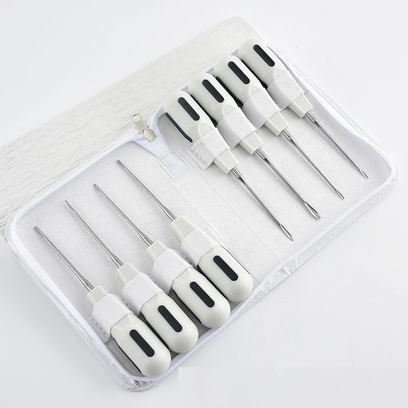 Stainless Steel Dental Instrument Set — 8-Piece Kit: Minimally Invasive Elevators, Luxators, and Root Tip Picks (White Handles)