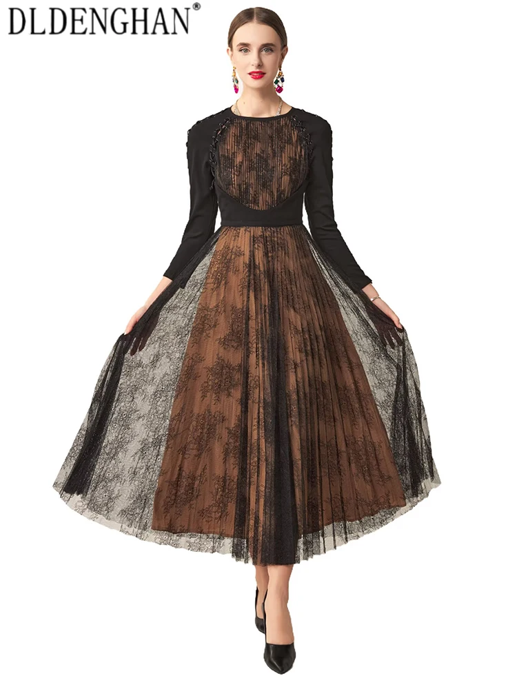 DLDENGHAN Women Solid Vintage O-Neck Long Sleeves Patchwork Lace Draw String Spring Summer Dresses