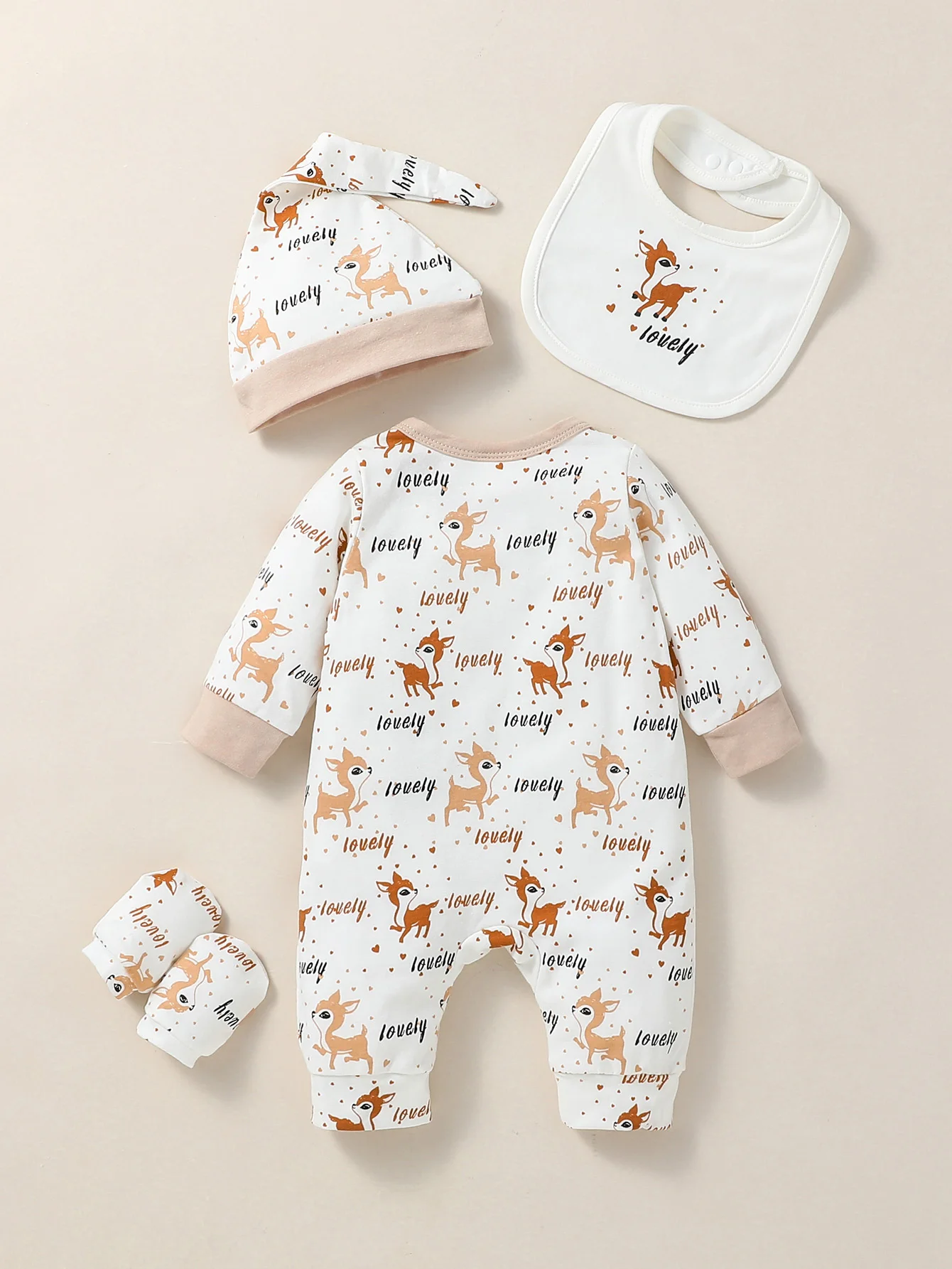 4PCS Baby unisex Long Sleeve Round Neck Animal Print With Button Casual  Jumpsuit +Bib+Hat+Gloves