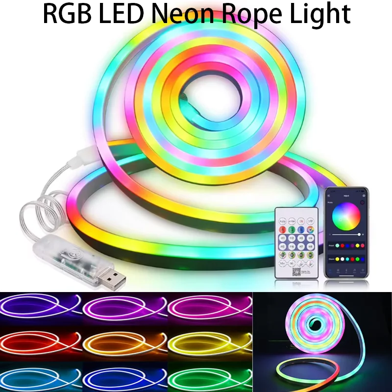 

USB Powered 5V RGB Neon Strip Lights with Bluetooth APP & 24-Key Remote, Soft Silicone Glow Lights for Bedroom, TV, Gaming Setup