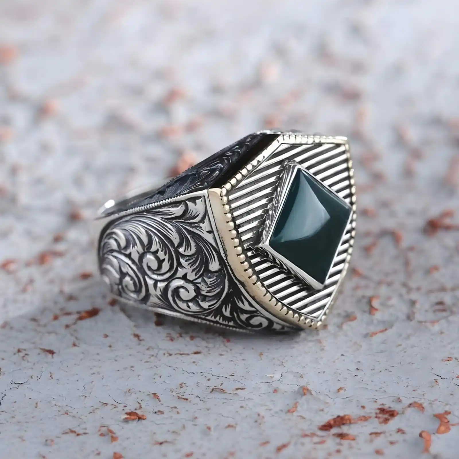 

Handcrafted Green Agate Triangle Engraved Silver Ring - Unique Bohemian Jewelry