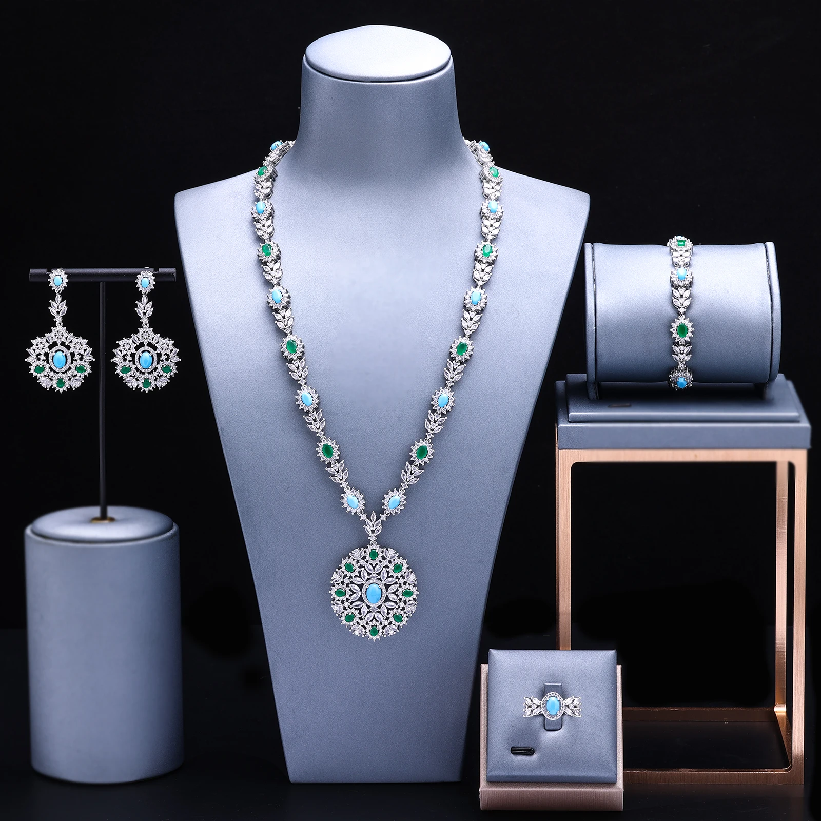 

Hot Sale Women's Long Wedding Set 4 Piece Emirates Elegant Women's Necklace and Earrings Sets CZ Fashion Bridal Jewelry Sets