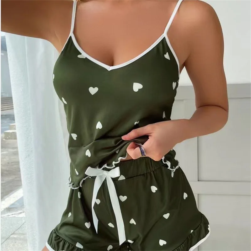 2024 Summer Pajama Set Large Size Vest Shorts Women\'s Suspenders Soft Casual Cute Printed Women pajamas set