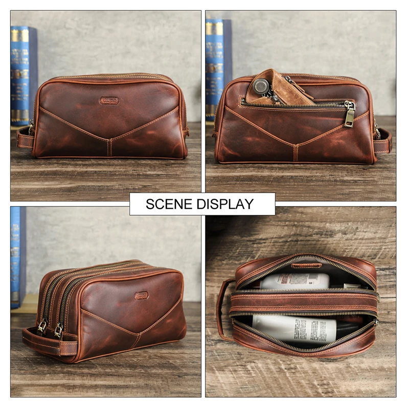 CONTACT\'S genuine leather cosmetic bag for men vintage crazy horse leather man make up bags small travel bags male toiletry bag