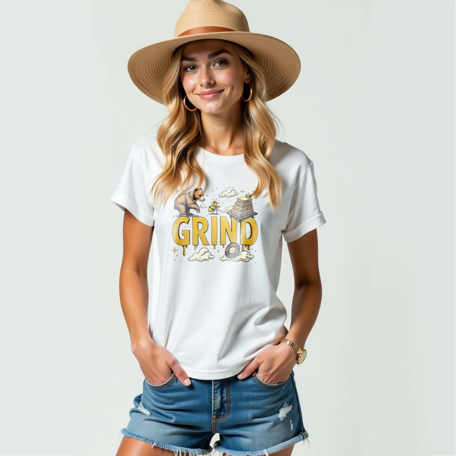 GRIND Bear Bee New Summer Cotton Female Short-Sleeved O-neck Soft T-shirt Tee Unisex Oversized Tshirt Tee Sarcas Graphic Design