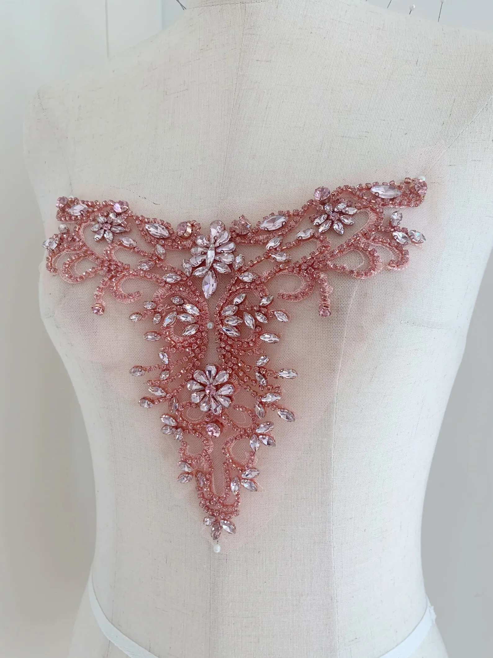 

Pink Rhinestone V Neckline Collar Pink Net Patch For Dress Dance Costume Wedding Accessories