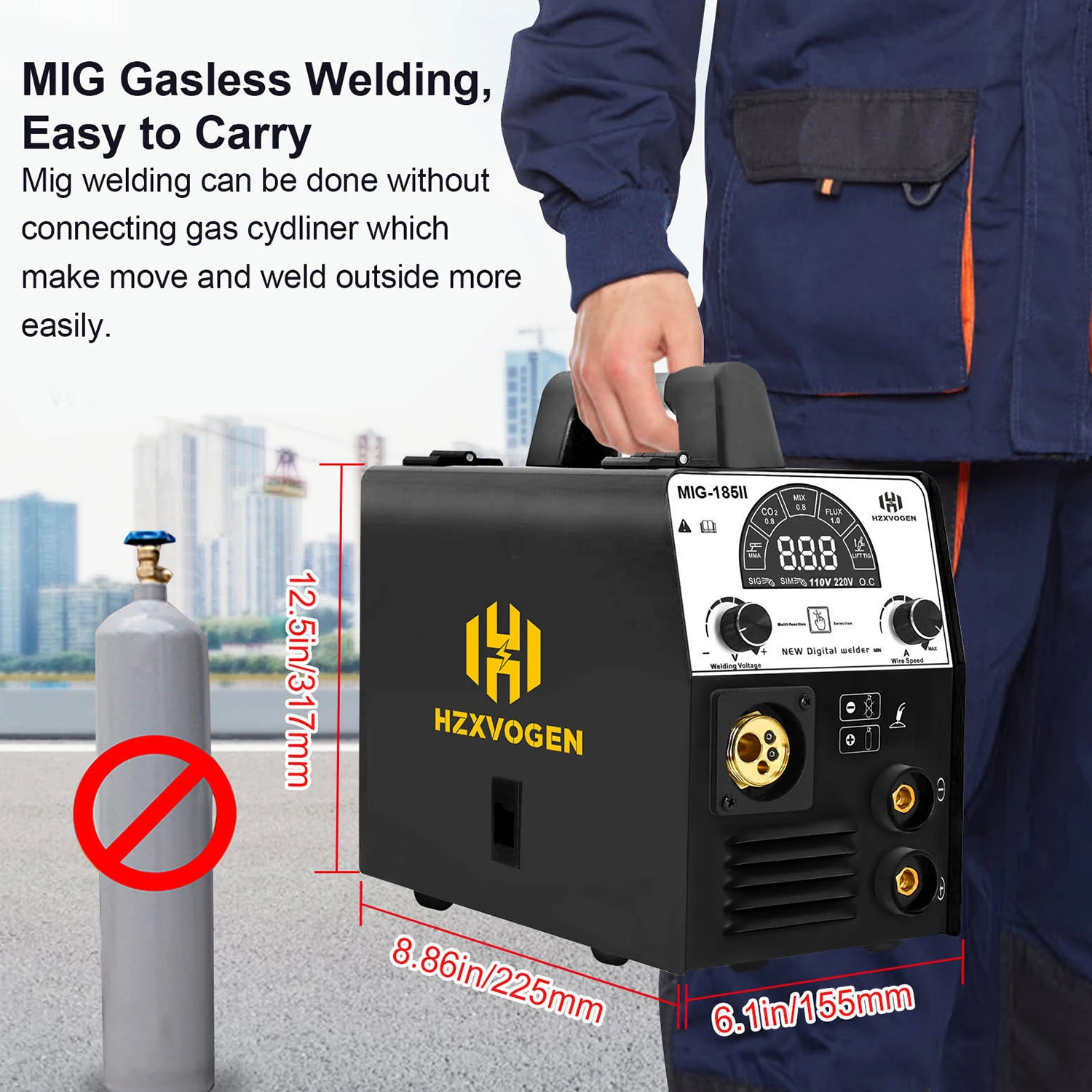 110V/220V HZXVOGEN MIG185-II Semi-automatic Welding Machine MIG TIG ARC/MMA 3 In 1 Mig Welder 1KG Self-shielded Flux Cored