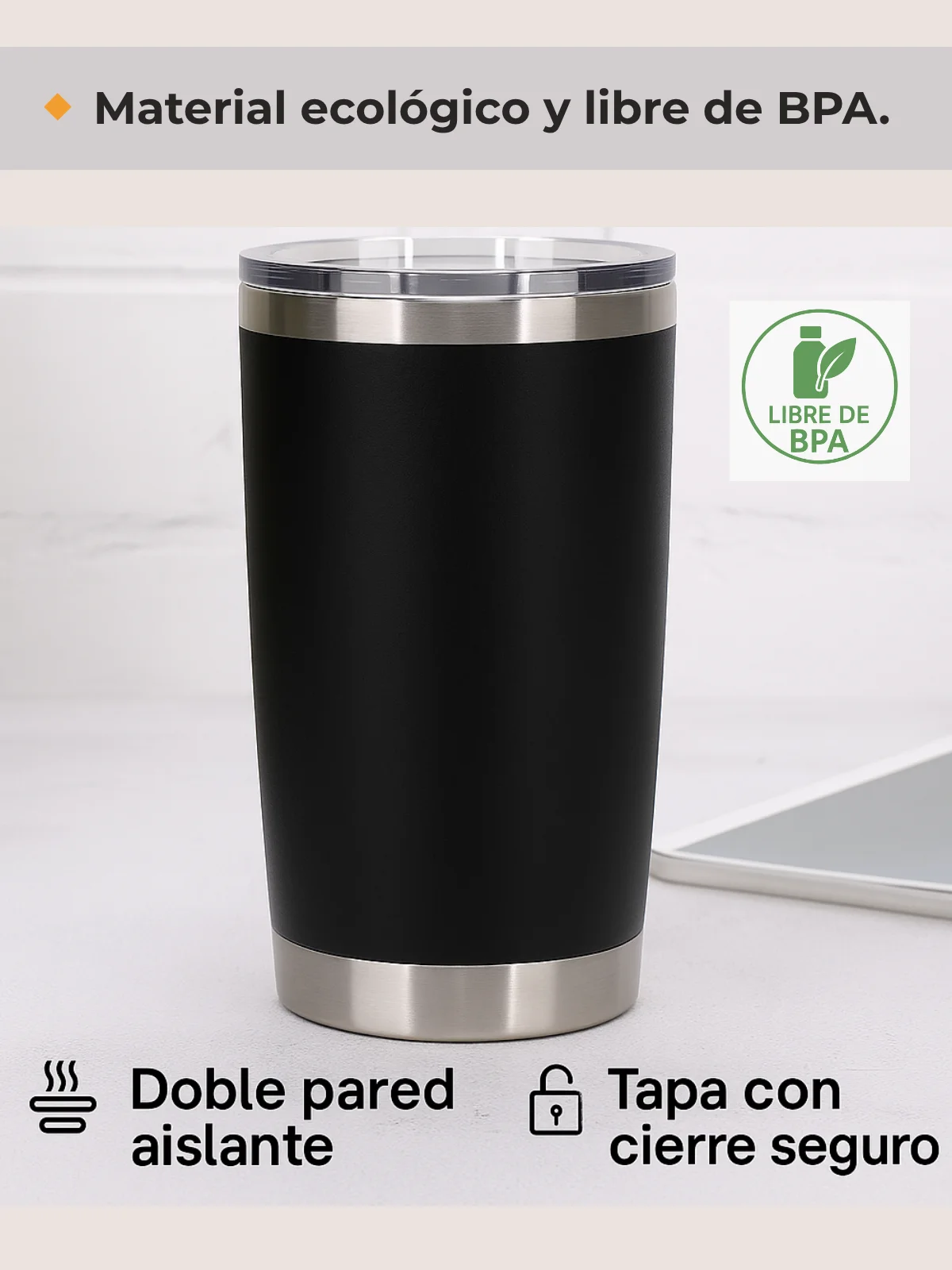 كوب حراري من الفولاذ المقاوم للصدأ، Kta-80، بهلوان بغطاء، ترمس محمول، ترمس للقهوة، المشروبات، الشمبانيا، الكوكتيلات، ترمس أسود معزول.