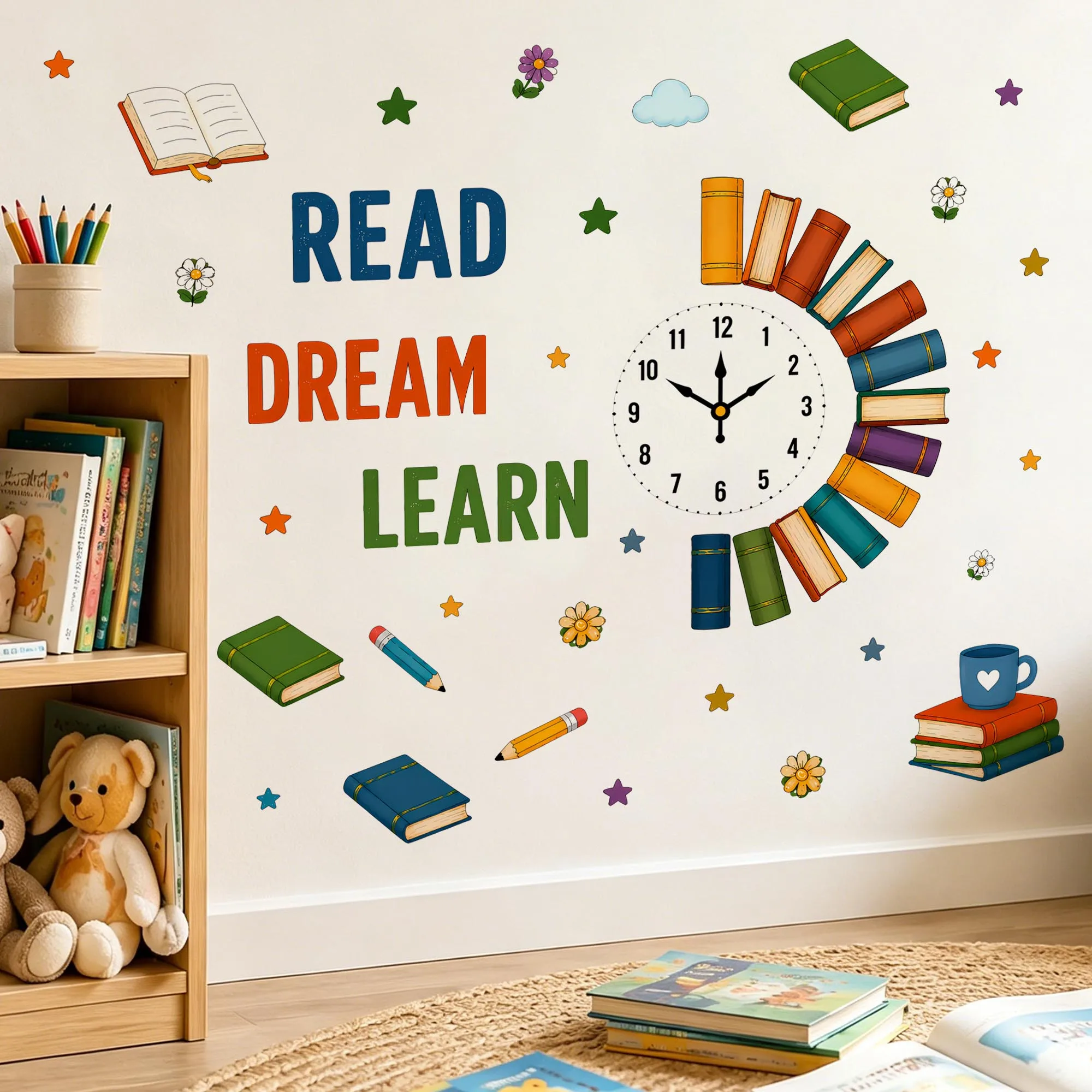 Creative Books Clock Wall Stickers Read Dream Learn Wall Decals for Kids Room School Classroom Library Reading Corner Decor