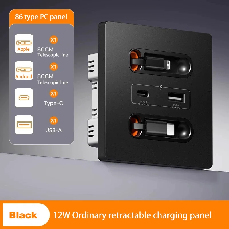 Anssin 12 واط مقبس لوحة الحائط العالمي مع Usb-A Usb-C كابل شحن قابل للسحب ، الهاتف المحمول اللوحي شحن نوع C المخرج #5