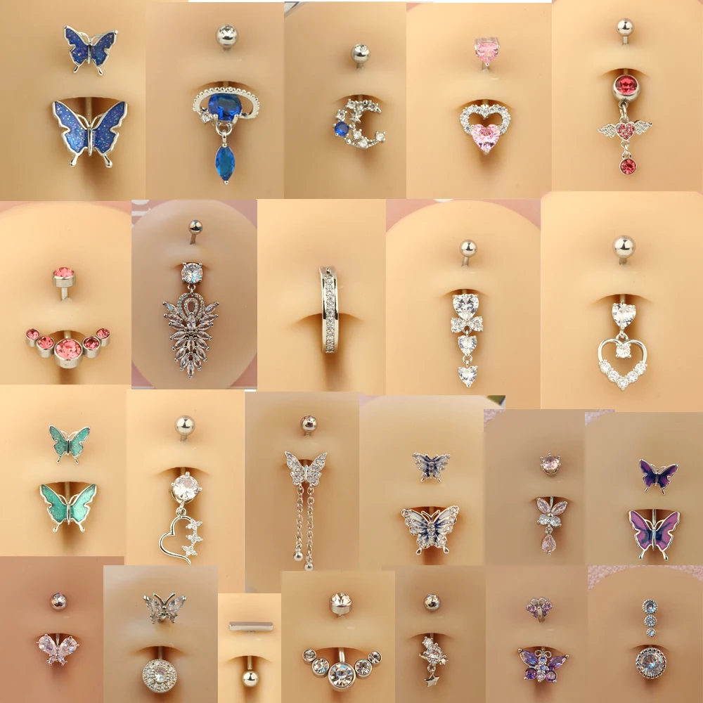 Dangled Belly Button Rings Surgical Steel 14G Bar Navel Piercing Ring Crystal CZ Flower Butterfly Heart Belly Ring Ear Jewelry