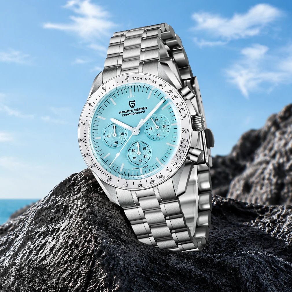 PAGANI DESIGN New Moon Watch Fashion ice blue Montres à quartz de luxe pour hommes Montre chronographe en acier inoxydable Cadeaux de vacances Expédition locale UE