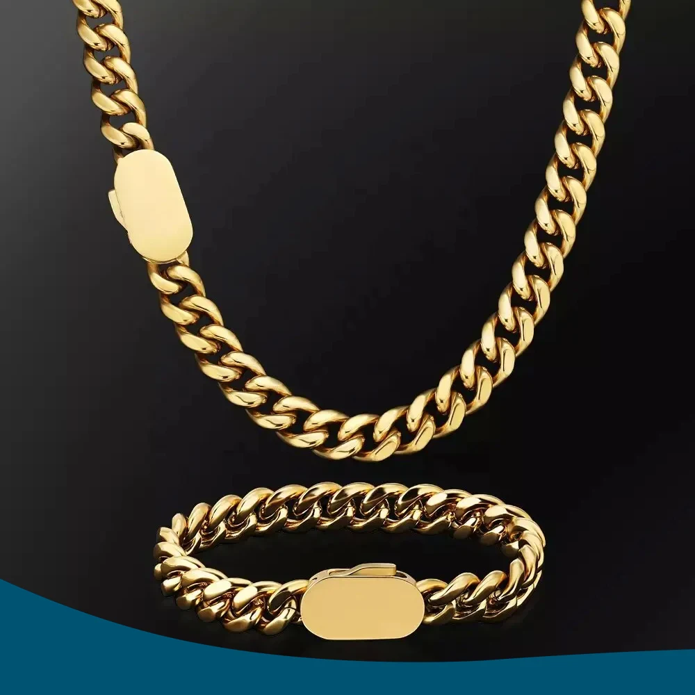 

10mm Thick Golden Cuban Chain Necklace Bracelet with Design Clasp - Chunky Stainless Steel Miami Hip Hop Neck Chains for Men