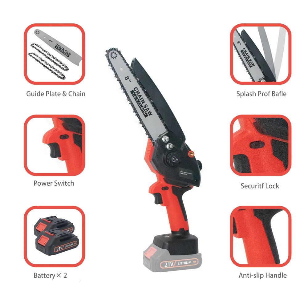 T TOVIA 8 inch 21V Cordless Mini ChainSaw Mini Electric Portable Pruning ChainSaw for Wood Cutting Garden Trimming