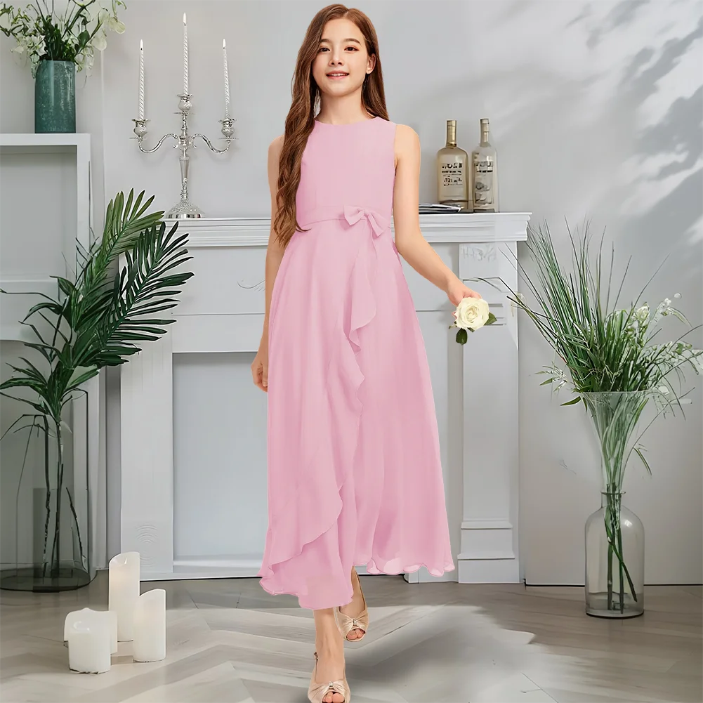 

Luxurious Scoop Neck Junior Bridesmaid Dress Sage Green Flower Girl Dress Ankle-Length Chiffon With Bow Garden Wedding Party