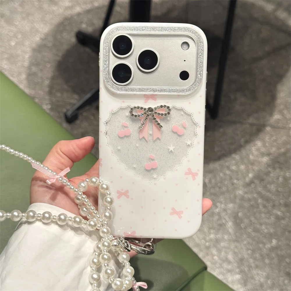 

Fashion Glitter Diamond Bow Cute Cherry Phone Case for iPhone 16 Pro Max 17 Pro 14 15 Cover Shockproof Fundas Protective Cover